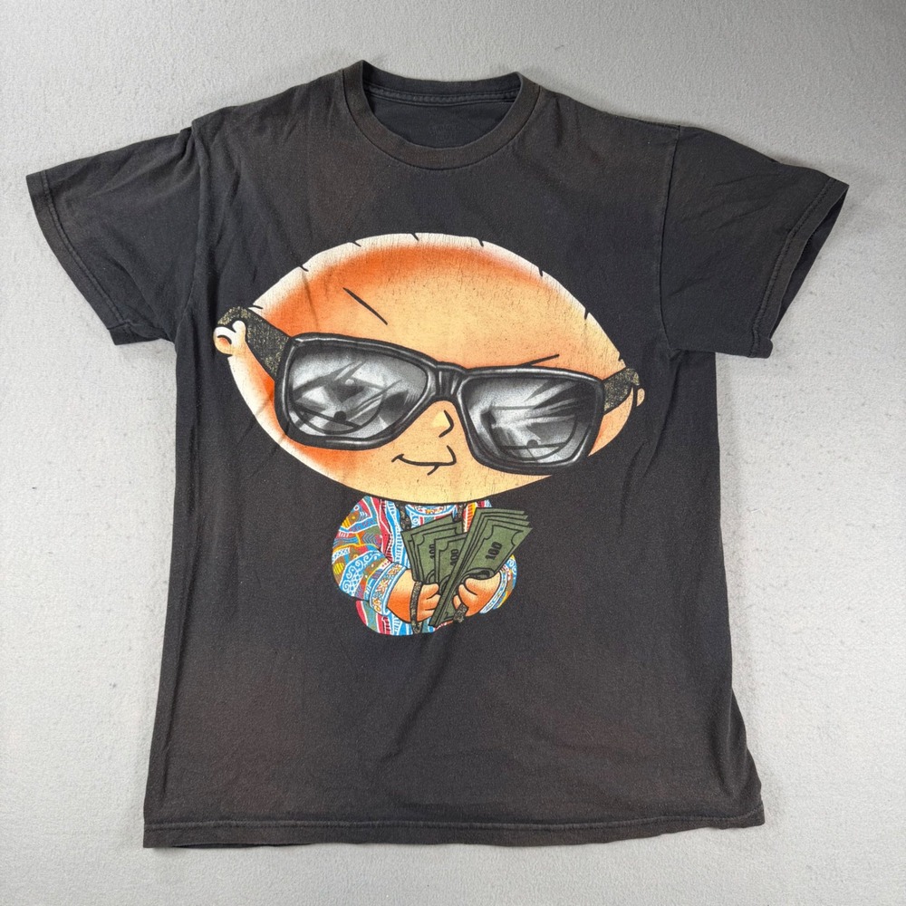 Vintage Family Guy Stewie Griffin Money Sunglasses Black Graphic T-Shirt Mens M